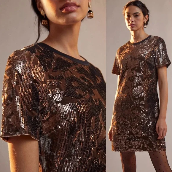Anthropologie Sequin Mini Dress in Bronze - Picture 2 of 14